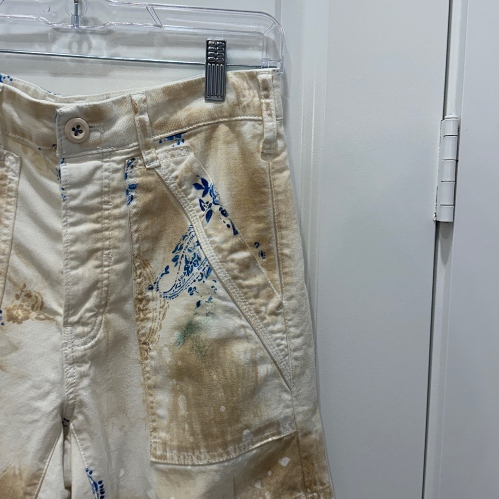 Anthropologie Pilcro Cream Pants with Blue Floral Accent - Picture 3 of 5